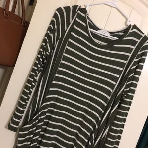 Olive green striped midi dress.